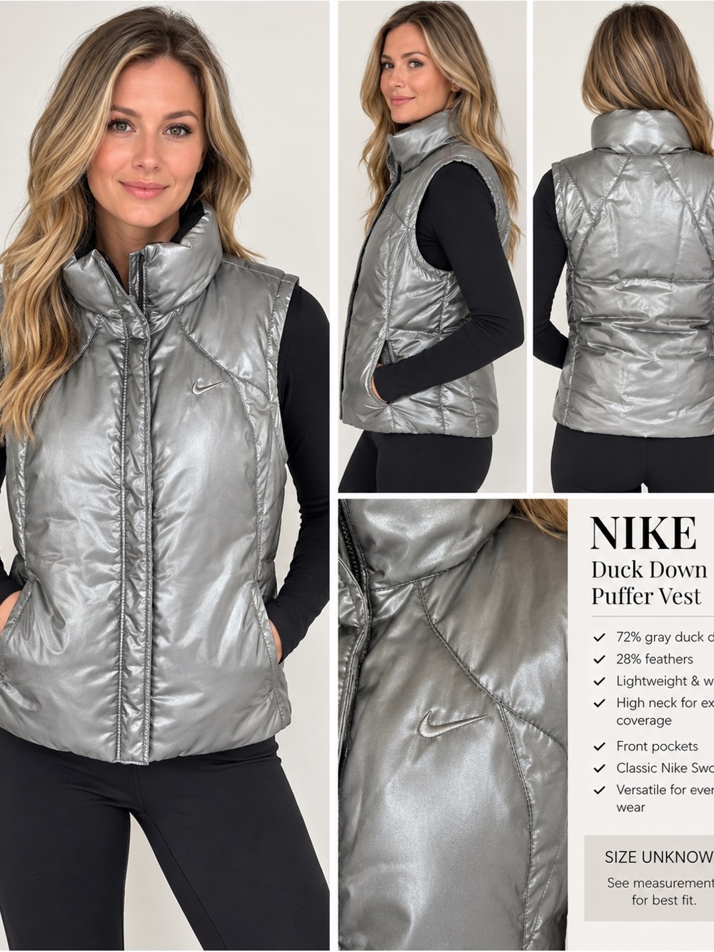 Nike Gray/Silver Duck Down Puffer Vest – 72% Down / 28% Feathers